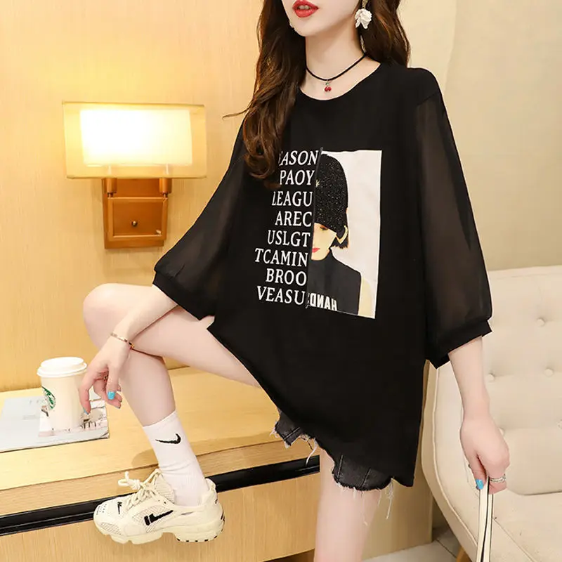 Stylish Backless Lace Spliced Pullovers Bandage Bow Female Clothing Loose Half Sleeve Summer Casual Printed Split Midi T-shirt