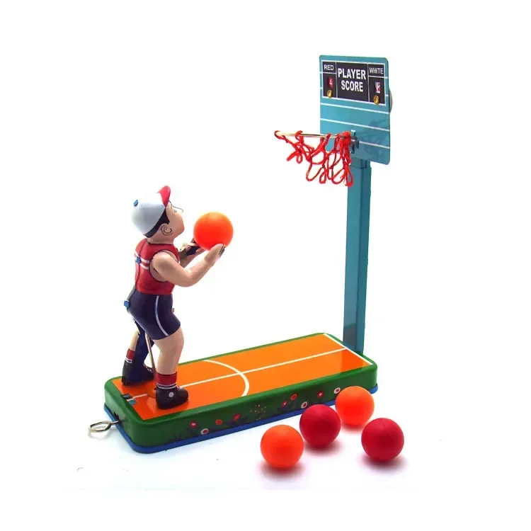 [Fun] Adult Collection Retro Wind up toy Metal Tin Basketball player shooting basketball stand Clockwork toy figures model gift