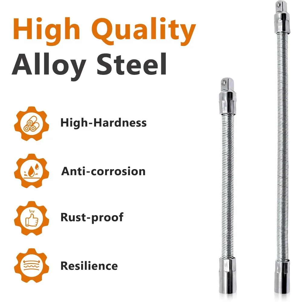 2Pcs 1/4" Flexible Extension Bar Set, 6" & 8" - Strong Alloy Steel, Bendable Socket Driver for Tight Spaces view 4
