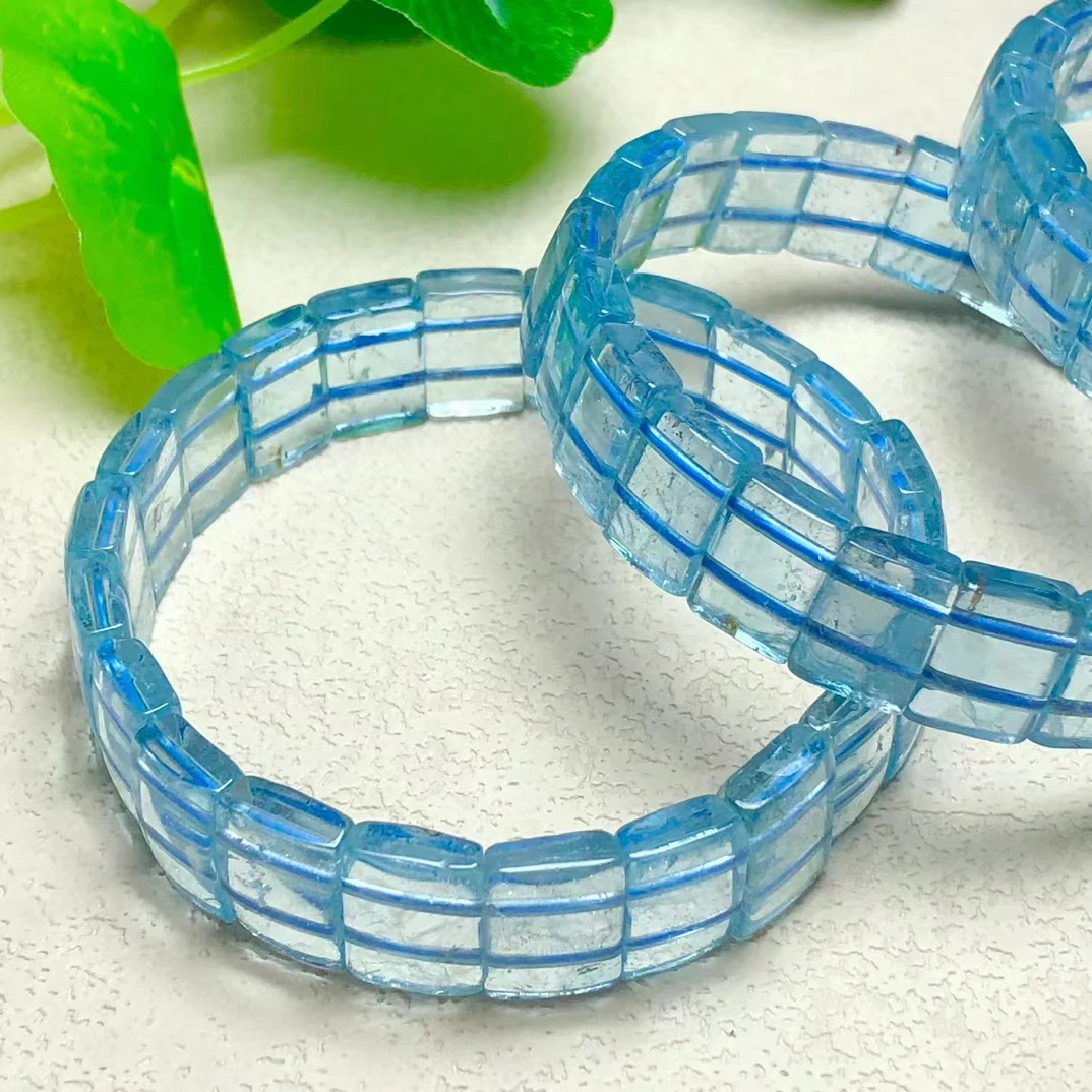 Natural Blue Topaz Crystal Clear Rectangle Beads Bracelet Woman Men 8*11mm Blue Topaz Stretch Cube Beads Jewelry AAAAAAA