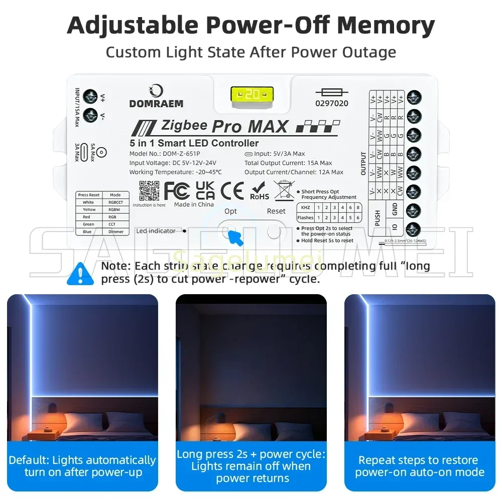 DOMRAEM Pro MAX Smart 5‑in‑1 LED Strip Controller Supports CCT RGB RGBW RGBCCT Dimming with External 20A Zigbee Pluggable Fuse