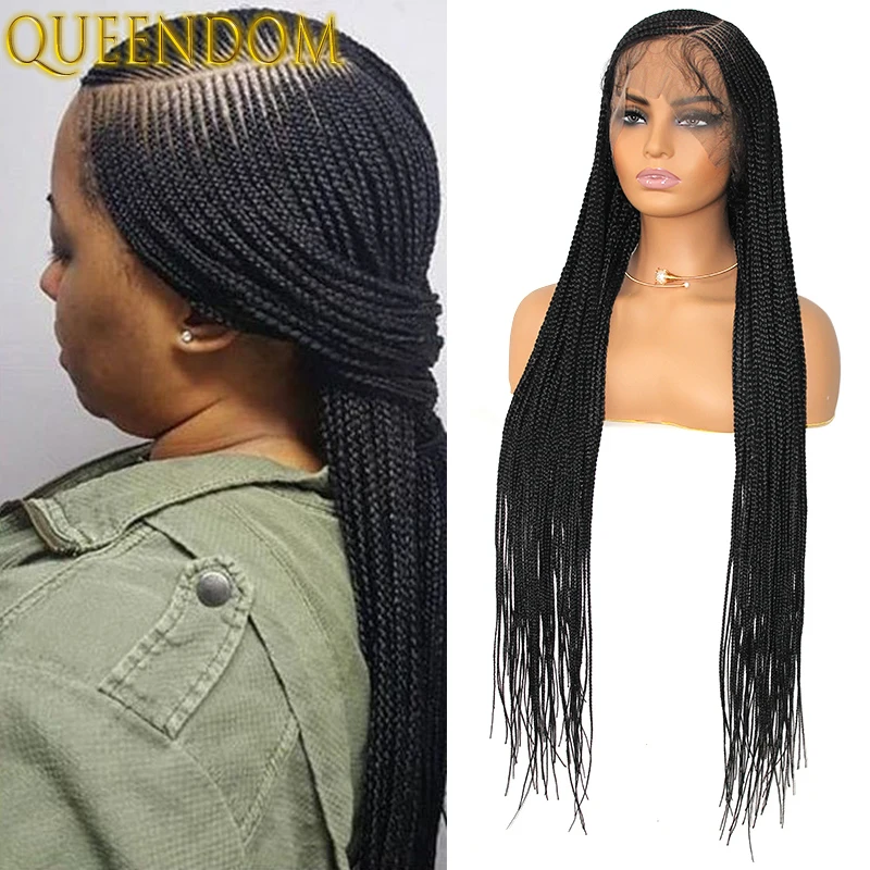 36\'\' Cornrow Braided Wigs for Women Full Lace Front Box Heart Braided Wig Synthetic Side Part Knotless Twist Braids Goddess Wig