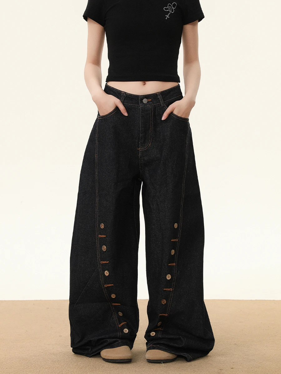 

New American Women Black High Street Vibe Wide-leg Jeans for for Women Washed Loose Straight Pants Multi Button Design Trousers