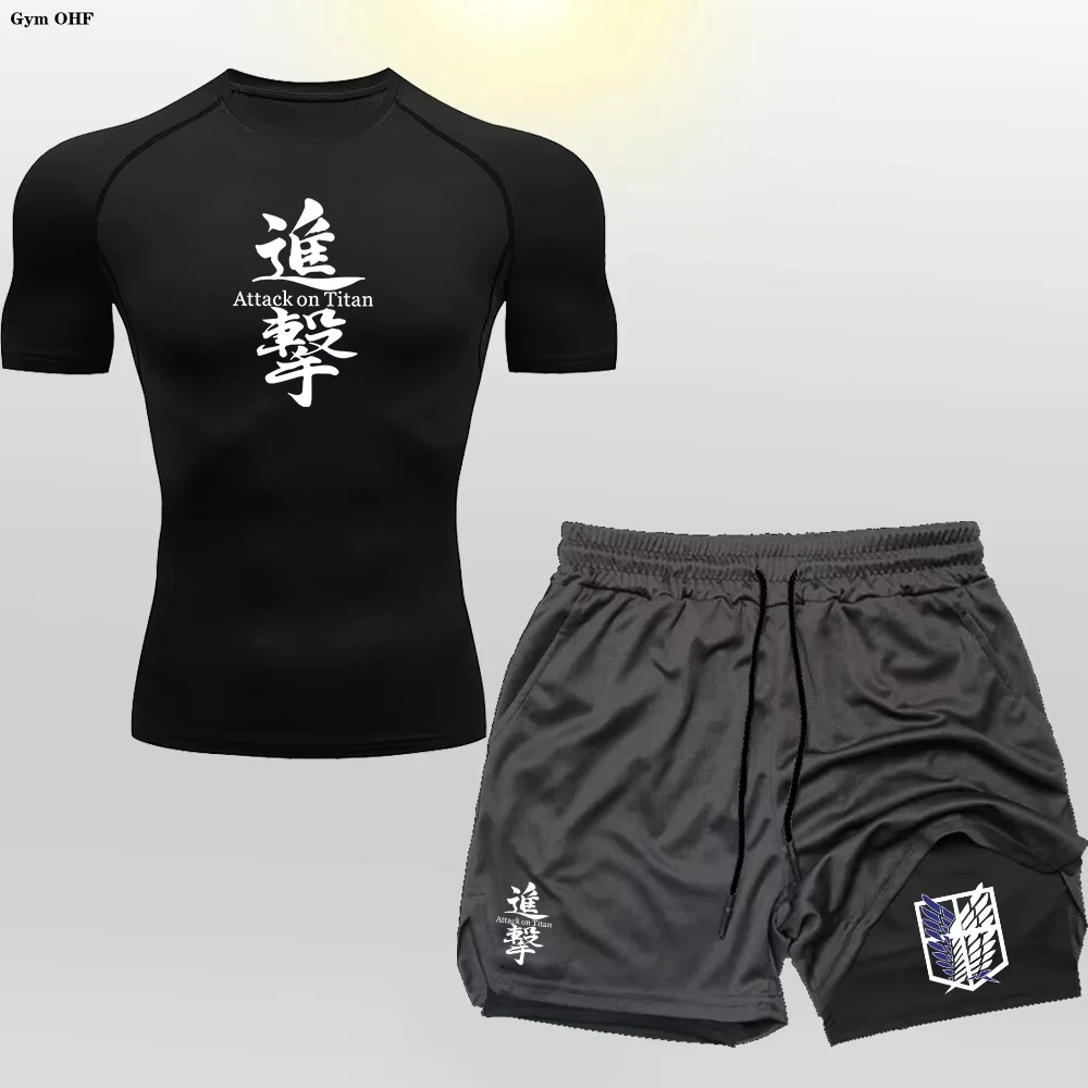 

Anime 2 in 1 Male Quick Drying Sportswear Compression T-Shirt Shorts Sets Men's Running Sports Suit MMA Rashgard Summer Men Sets