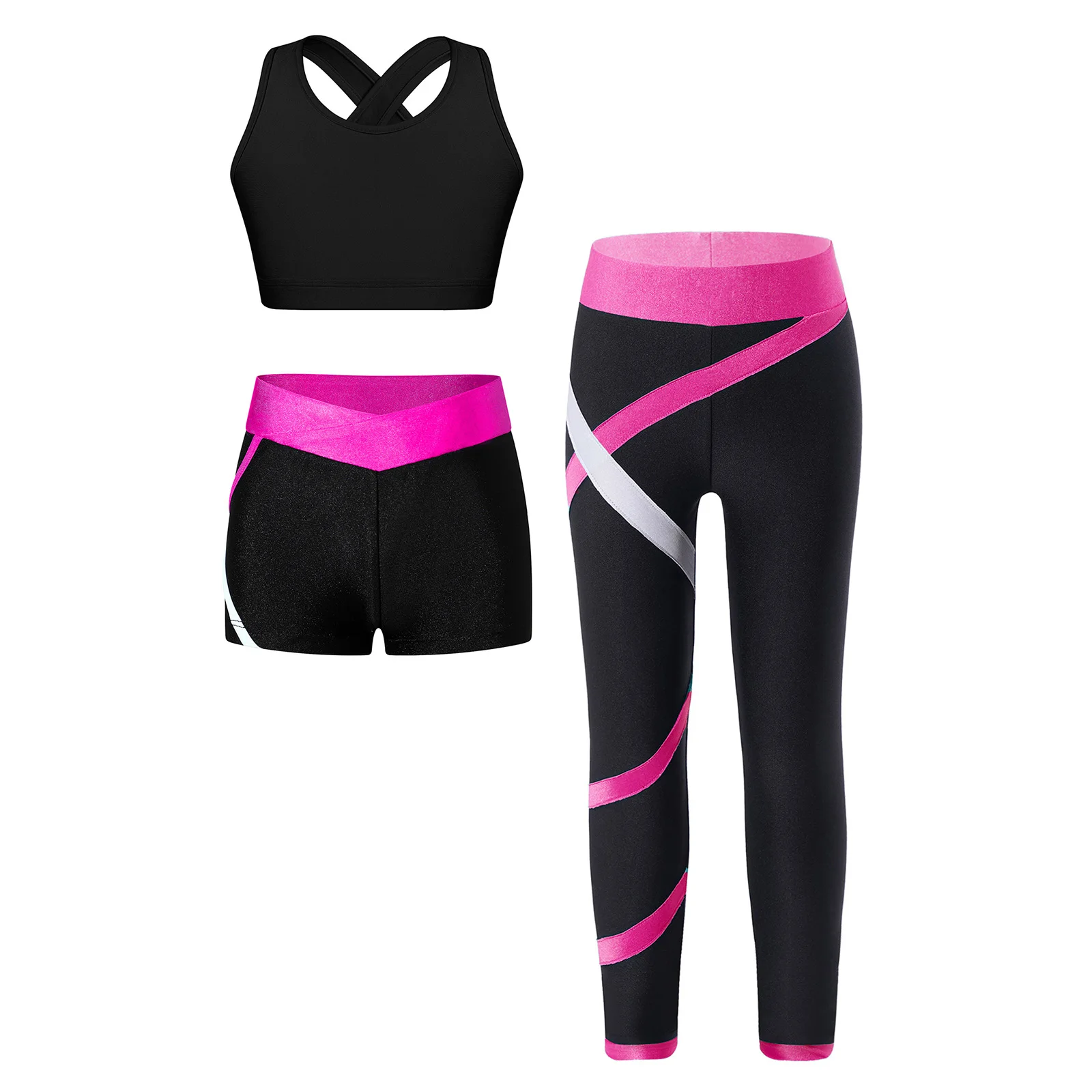 

3Pcs Kids Girls Sport Yoga Costumes Outfits Tops Pants Shorts Suit for Fitness Gymnastics Workout Dance Fitness Costume Jumpsuit