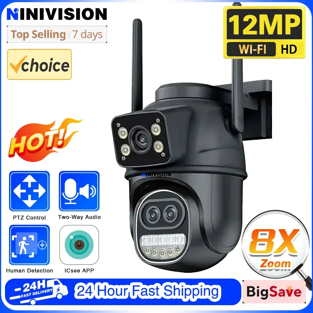 

12MP 6K WIFI Camera 8X Zoom Three Lens WiFi Security 4MP IP Camera Color Night Vision Ai Auto Tracking Surveillance Camera ICSee