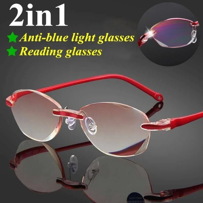 Women's Reading Glasses Anti Blue Light Magnifier Anti Radiation Rimless Presbyopia Glasses +1.0 To +4.0