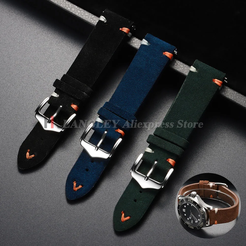 20mm 22mm 스웨이드 가죽 스트랩 빈티지 수제 스티치 시계 밴드 삼성 시계 7/6/5/4 남성 여성 교체 팔찌