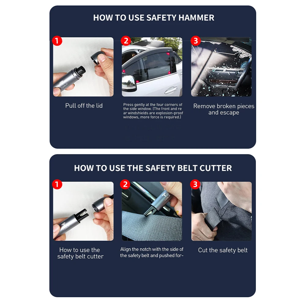 2 في 1 سيارة مطرقة أمان صغيرة مقعد قاطع أحزمة المنقذة للحياة نافذة الكسارة ل تسلا SpaceX رودستر نموذج 3 نموذج S X نموذج Y #5