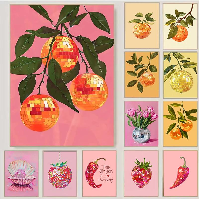 1pc Frameless Retro Trendy Fruit Disco Ball Orange Mirrorball Creative Poster Canvas S Wall Art Prints Bar Kitchen Room Home