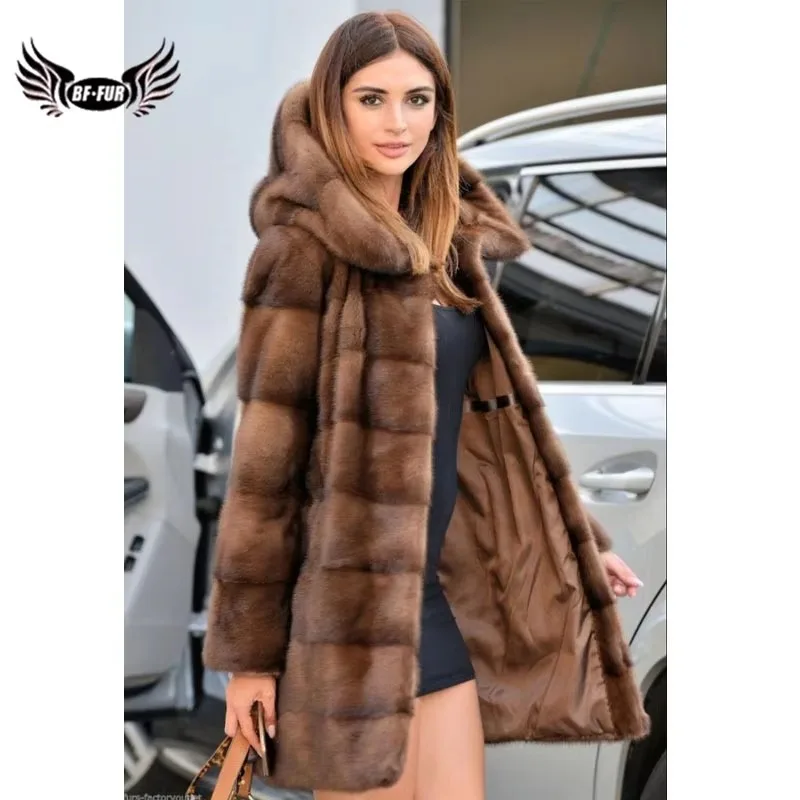 BFFUR Lurury Genuine Mink Fur Jacket Women Winter Real Mink Fur Coat Female Full Sleeve  Natural Wear Fur Mink Coat With Hood
