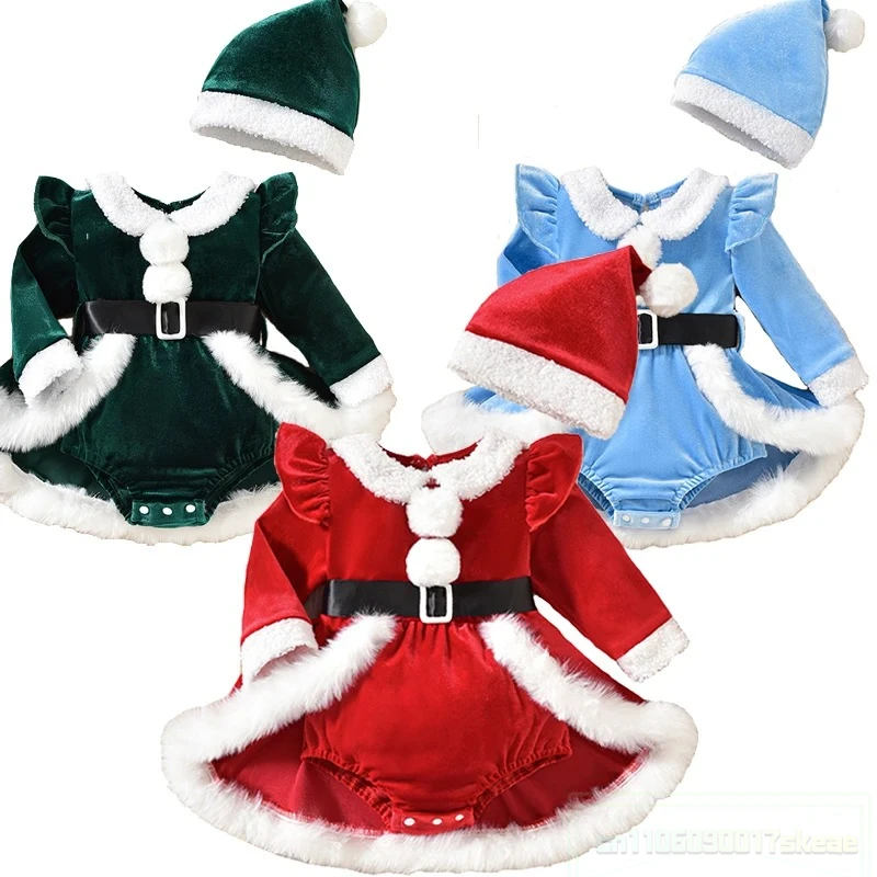 

Green Christmas Elf Romper With Hat Blue Baby Girl Christmas Dress Red Infant Santa Claus Princess Dresses