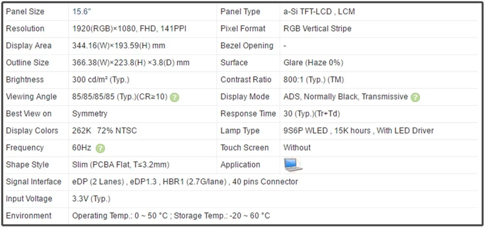 15.6 Inch Slim FHD LCD Screen IPS Panel Non-touch 1920x1080 141PPI EDP 30pins 300 cd/m² 60Hz 72% NTSC NV156FHM N34 NV156FHM-N34