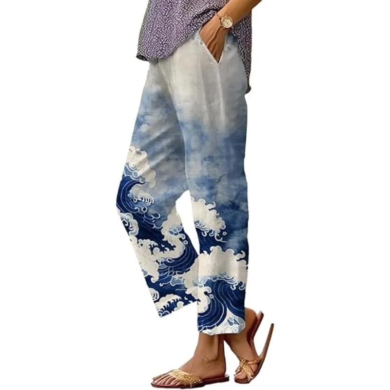 

2025 New Summer Women's Print Vintage Bottoms Trousers Women's Slacks Linen Wide-Leg Bohemian Pants Floral Pattern