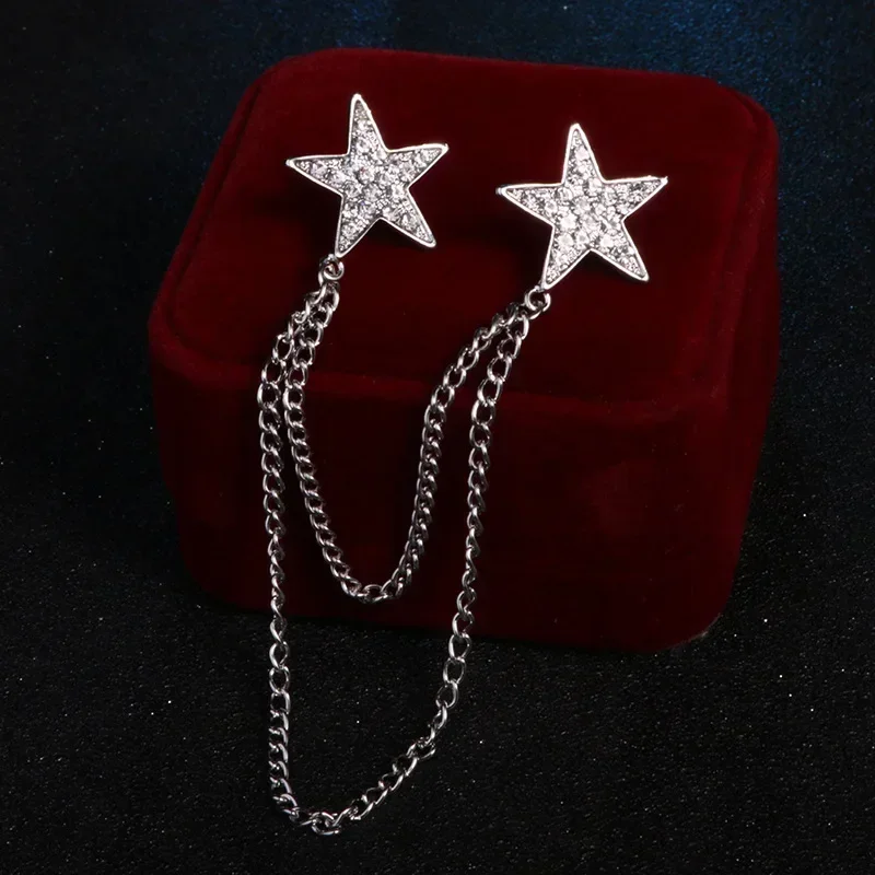 Exquisite Zircon Double Five-pointed Star Chain Brooch Men's and Women's Suit Dress Badge Pin Fashion Casual Party Jewelry