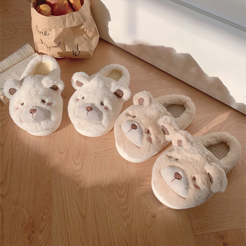 Plush Bear Slippers Fuzzy Indoor Slippers Anti Slip Cartoon Animal Slippers Comfortable Fluffy Preppy Slippers for Autumn Winter