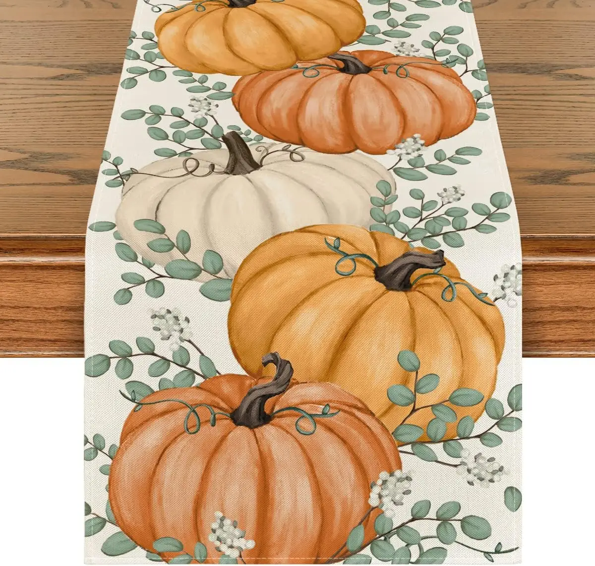 Orange Pumpkins Eucalyptus Leaves Fall Table Runner  Autumn Thanksgiving Kitchen Home Dining Table Decoration for Party Decor