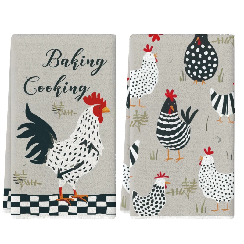 Juego de 2 toallas de cocina con diseño de gallo y gallina a rayas en blanco y negro, 40 cm x 60 cm, las mejores toallas de cocina, paño de limpieza súper absorbente y suave, paño de cocina para cocinar y hornear, toalla de mano, paño de limpieza, paño pa