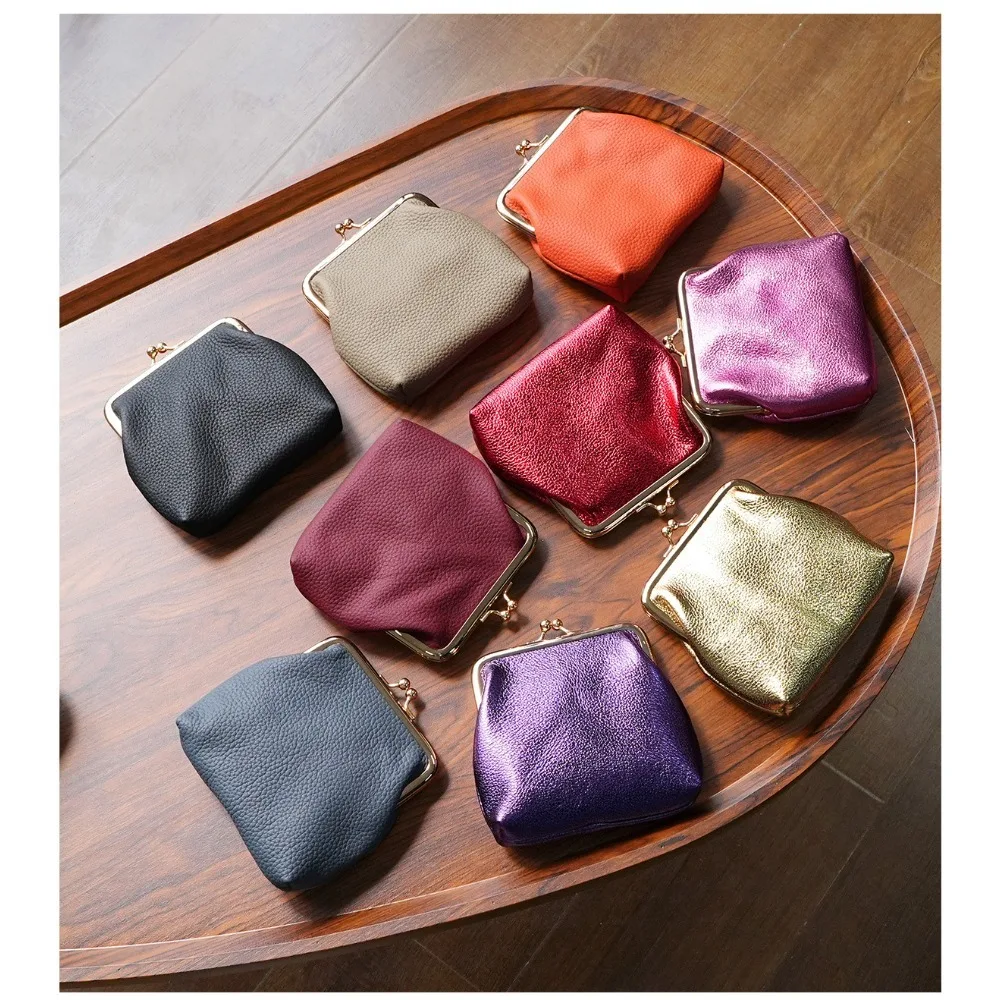 First Layer Cowhide Change Bag Women's Mini Mouth Gold Texture Unique Fashion Coin Card Bag Portable Fashion Bracelet Cultural