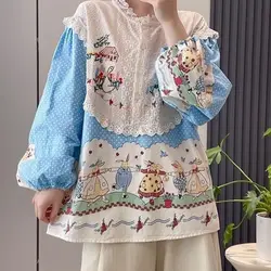 Vintage Cotton Linen Women's Tops Spring Autumn Lace Patchwork Blouse Loose Women's Oversize Shirt