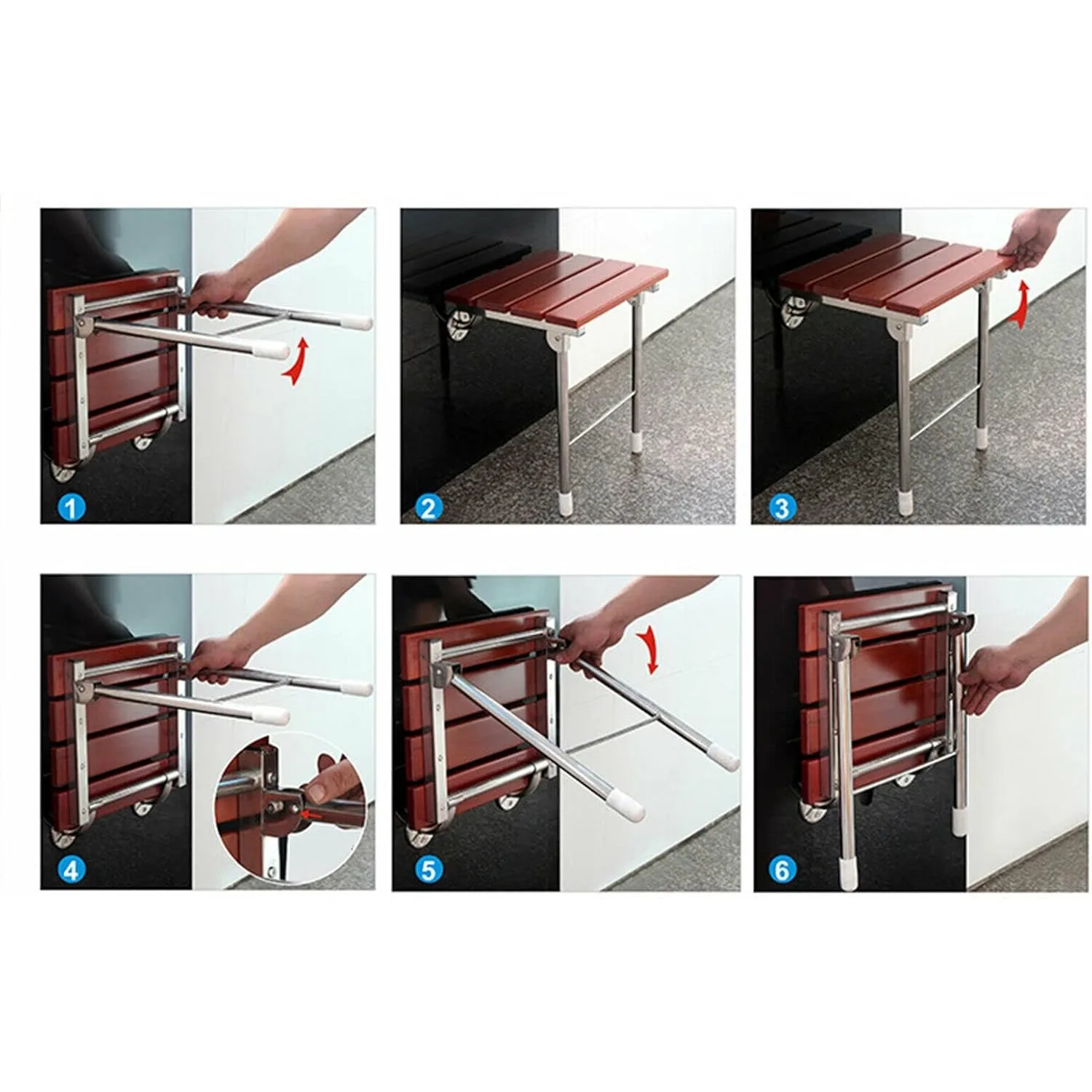 مقعد حمام خشبي قابل للطي يُثبت على الحائط، مقعد حمام طبي، مقعد استحمام خشبي لكبار السن والمعاقين