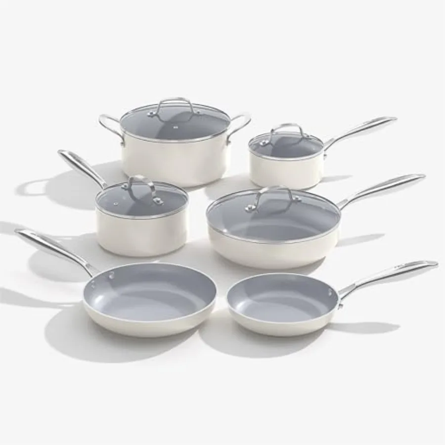 

Ceramic Nonstick Cookware Set, 10-Piece Non Toxic Pots and Pans Set with Glass Lids, PFOA-Free Healthy Kitchen Ware, Induction