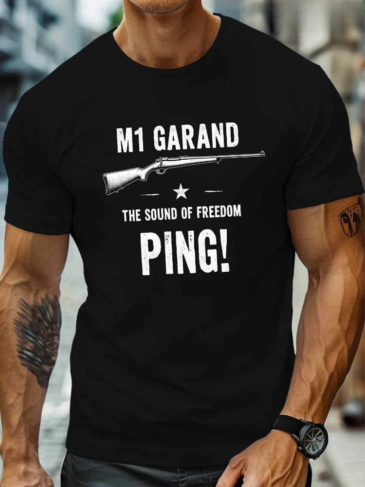 Historical-M1 Garand Rifle Diseño gráfico-Camiseta informal estampada de manga corta con cuello redondo de verano 100% algodón para hombre.