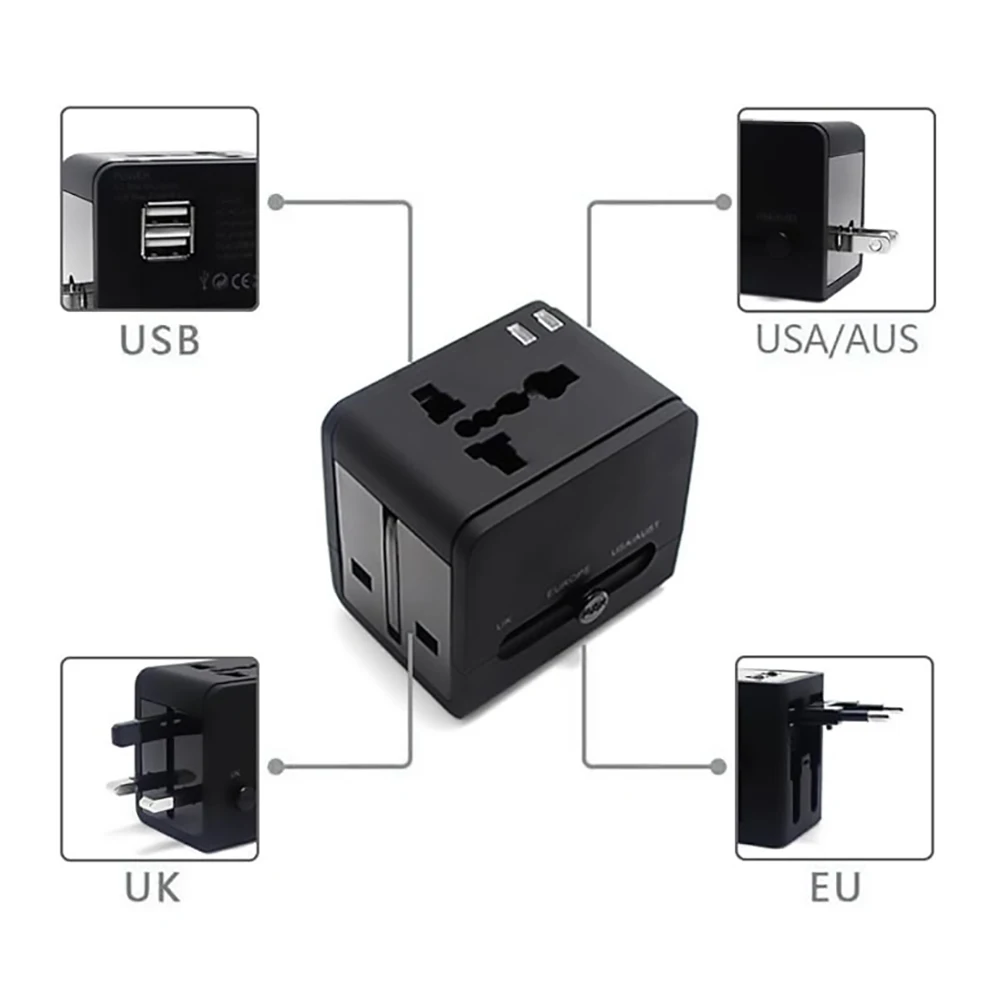 Internationaler Reise-Netzteil mit zwei USB-A-Anschlüssen für den weltweiten Einsatz, AC 110 V–240 V AU/EU/UK/US-Universalstecker