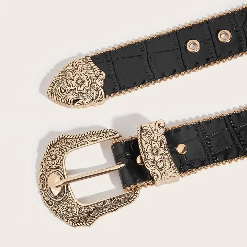 39BD Fashion Leopard Belt Carved Pattern Buckle Belt All Matching Waistband for Pants