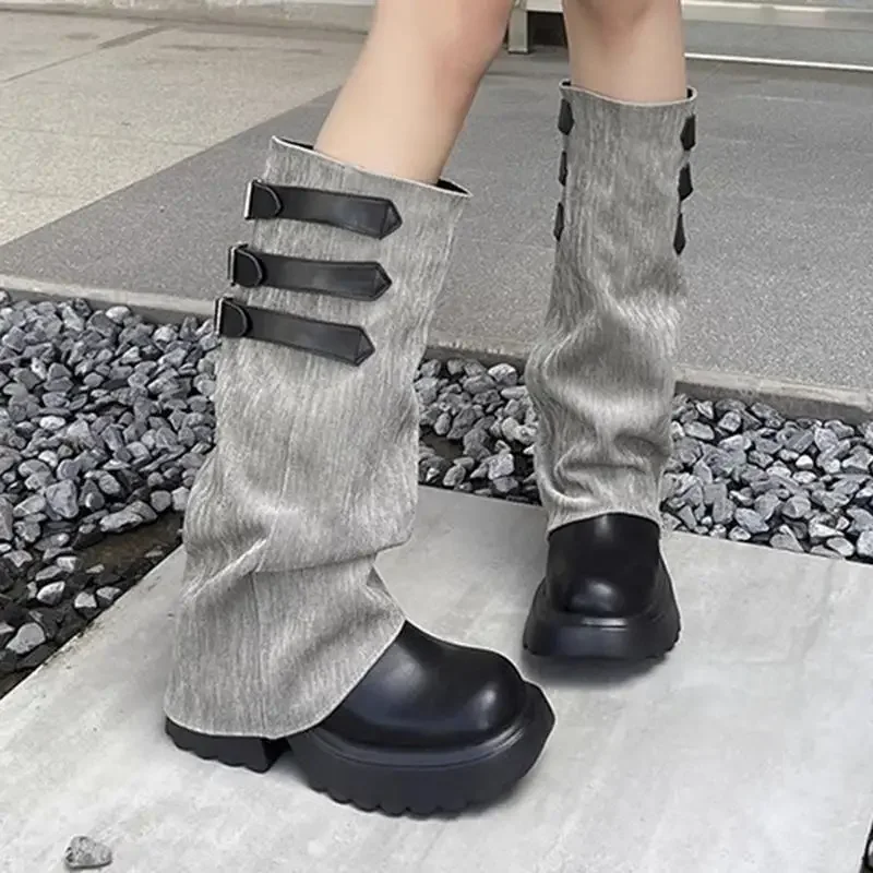 

Fashion Belt Buckle Canvas Patchwork Knee Boots Women 2025 Autumn Punk Chunky Platform High Heel Botas Y2K Thick Bottom Boots