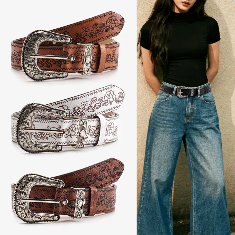

New Retro Embossed Wide Belt Female Spice Girl Millennium Style Women's Belt Versatile Jeans Decorative Belt