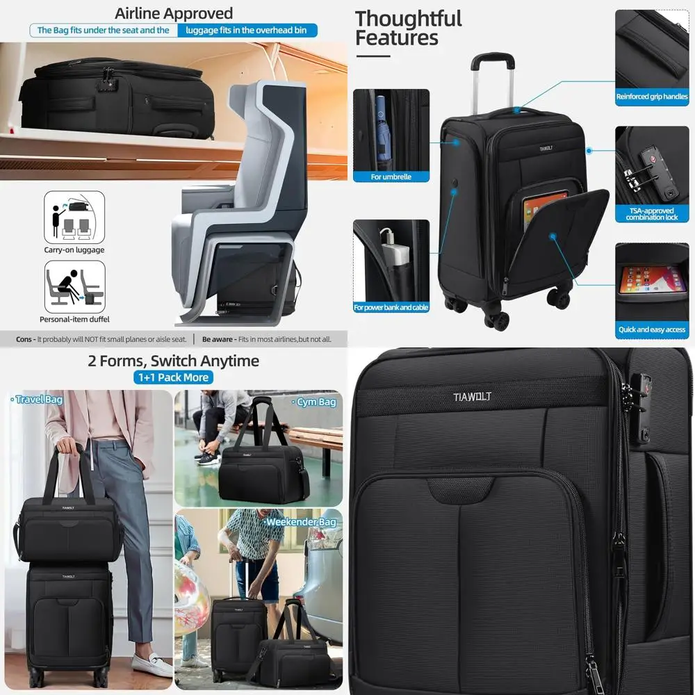 

20-Inch Lightweight Expandable Spinner Luggage Set for Men & Women - Black