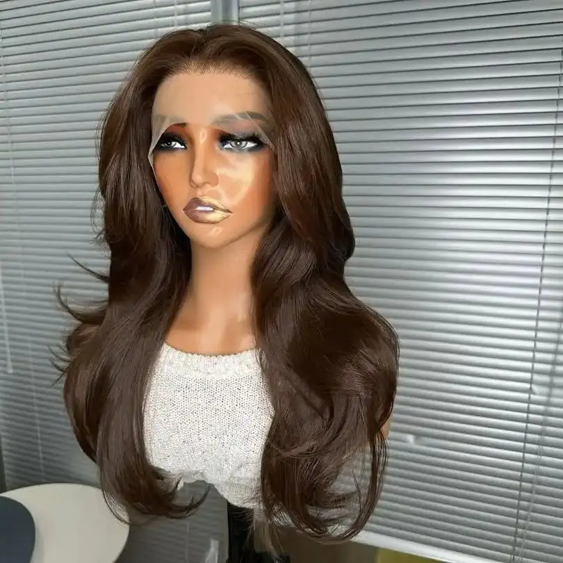 

180Density Chocolate Brown Long Wavy Synthetic Hair Lace Front Wigs Pre Plucked Natural Hairline Easy Wear Transparent Lace Wigs