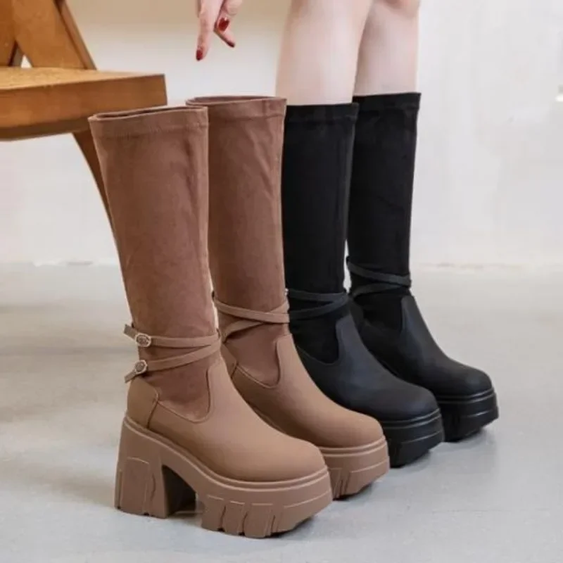 11CM Genuine Leather Spring Platform Wedge Knee High Autumn Women Boots British Boots Cloth Streth Fabric Leather Ankle Shoes