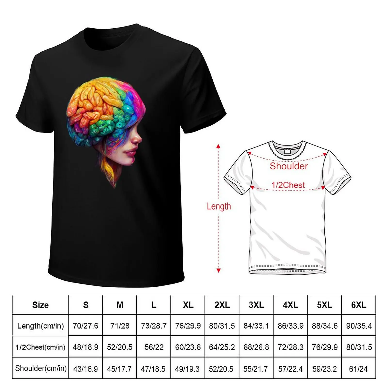Creative Colourful Human Brain T-Shirt Basic Plain Tee for Spring and Summer