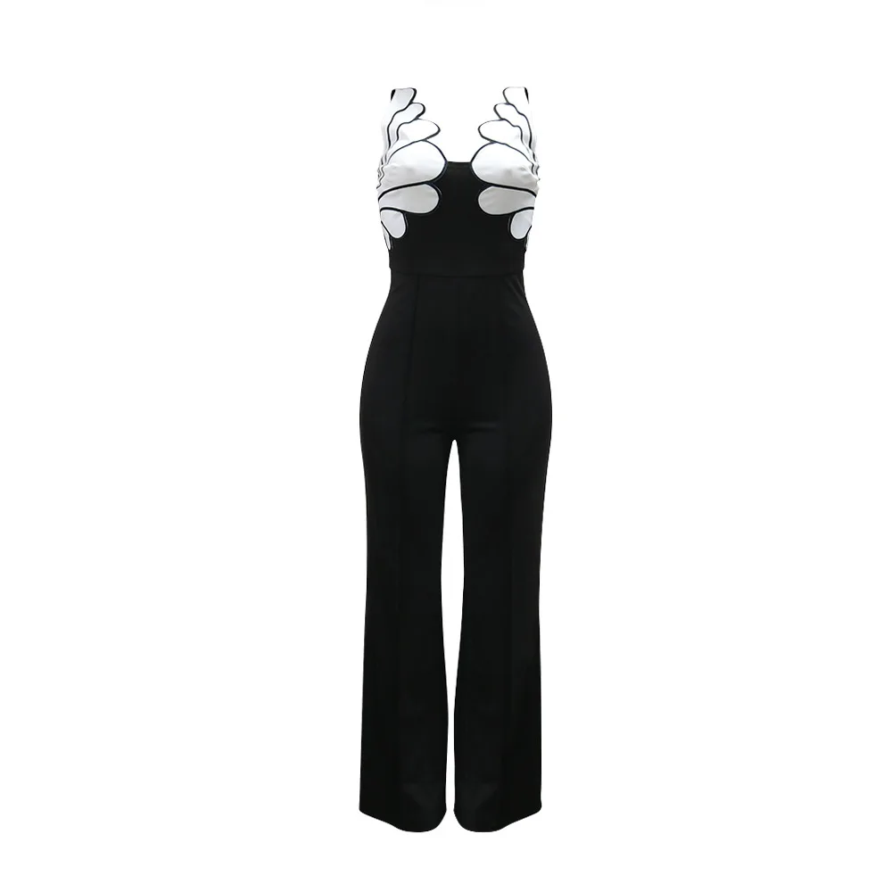 Neue Elegante Schwarze Overalls Frauen Spaghetti Strap Ärmellose Patchwork Breite Bein Hosen Sexy Party Nacht Club Ein Stück Strampler