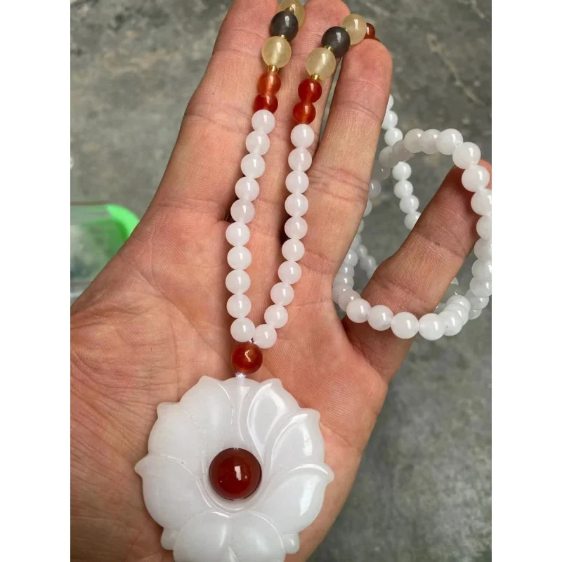 Xinjiang Jinsi Jade White Jade Sweater Chain Necklace Jade Jadeware Women's Peace Buckle Inlaid Opal Jade Pendant Live Broadcast