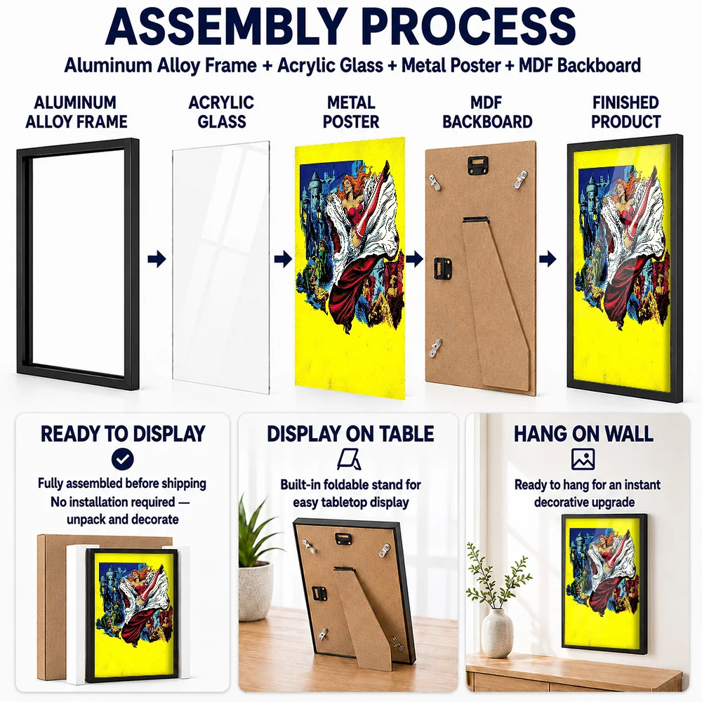 Cabaret Dancer In High Kick Framed Aluminum Metal Poster Personalized Comic Style Wall Art For Games Room And Creative Studio