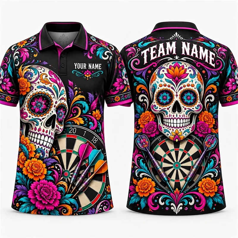 Personalized Darts Polo Shirt Men Custom Team Name Tiger Sugar Skull Elephant Bull Print Short Sleeve Tournament Sports Jersey