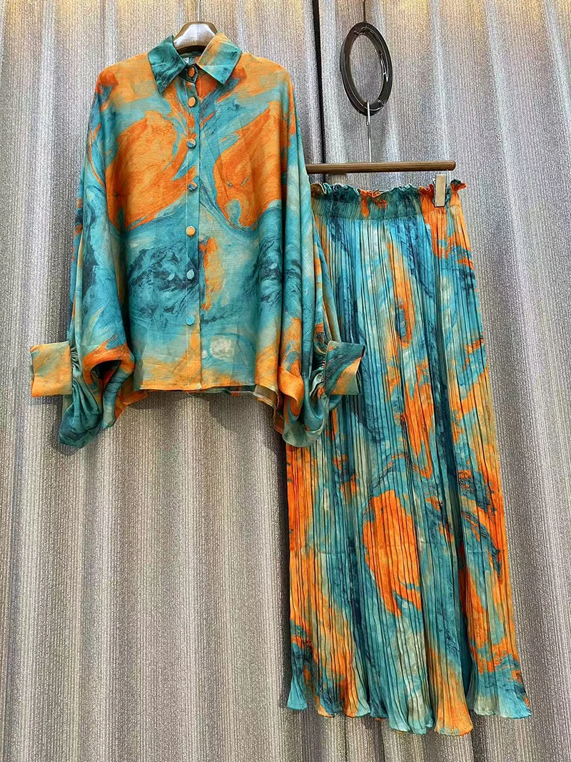 

Women Retro Flowers Printed Shirt Tie-dye Blouse Long Lantern Sleeve Cardigan Tops + High Waist Pleated Wide Leg Pants 2Pcs Set