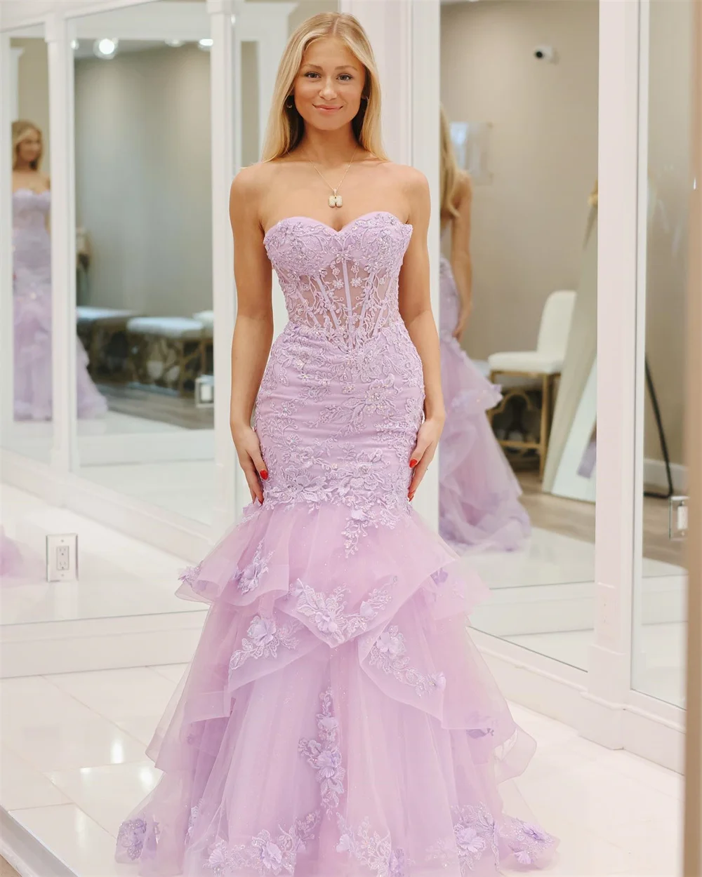 Sansa Sweet Strapless Mermaid Prom Dress Princess Lavender Lace Embroid Vestidos De Noche Edge Curl Fishtail فساتين سهره فاخره