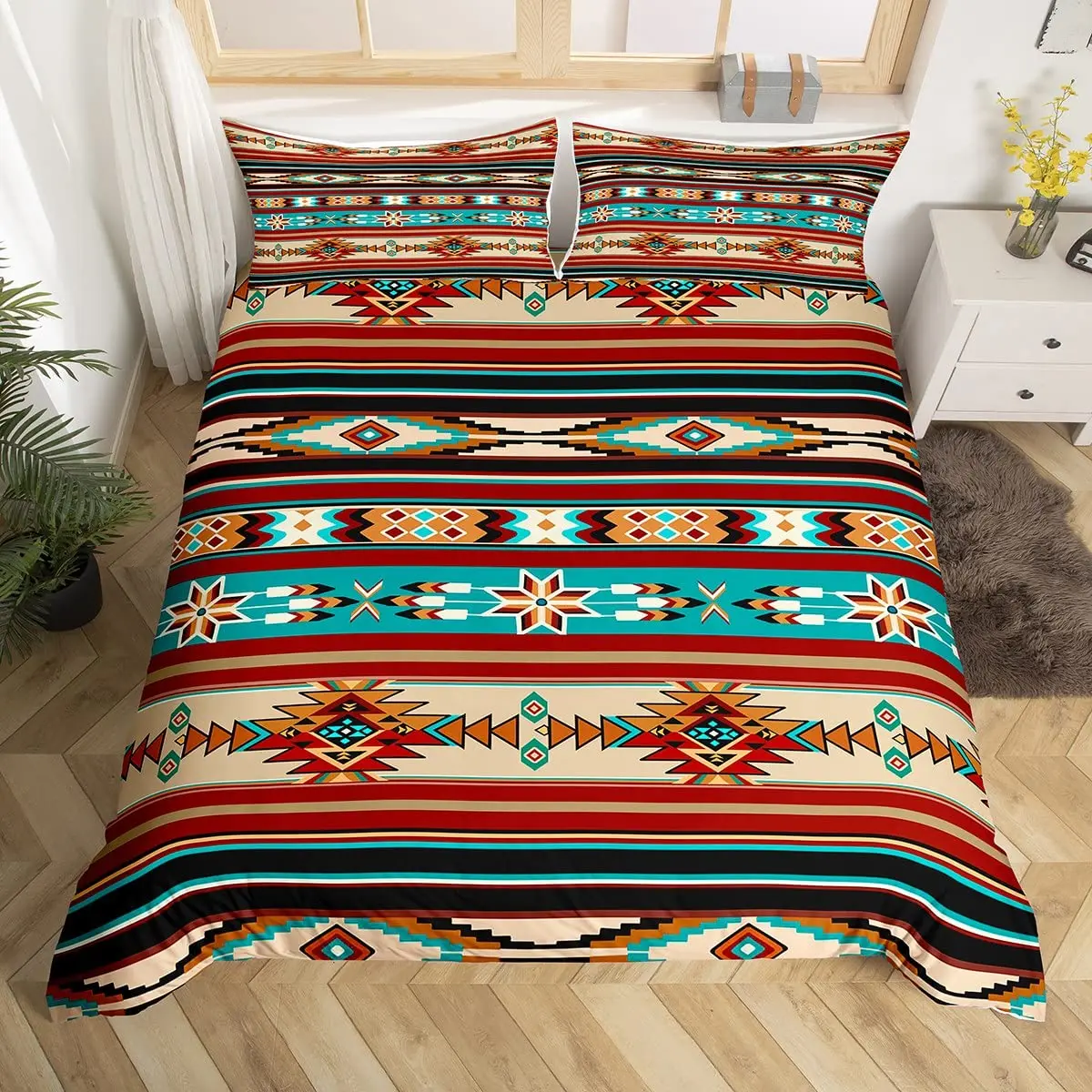 Bohemian Aztec Bedding Set Western Duvet Cover Orange Boho Exotic Comforter Cover Cowboy Cowgirl Tribal Geometric Quilt Cover