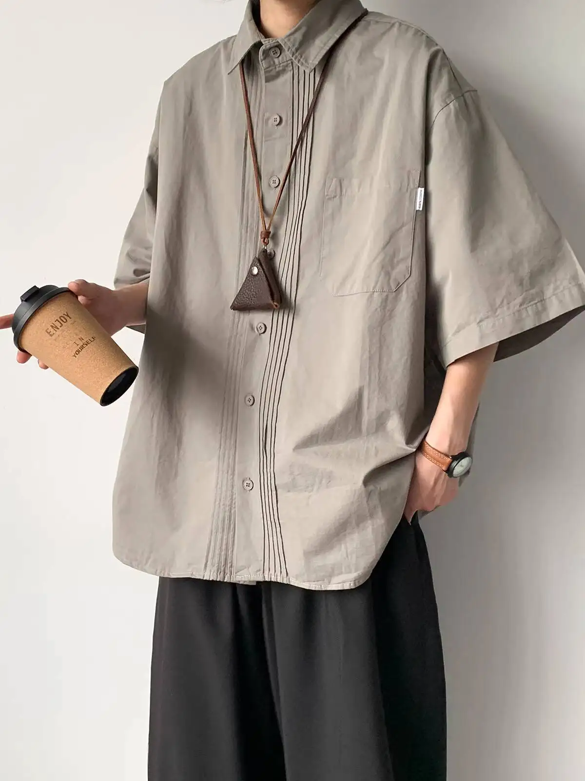 

Unsiex Shirts 2026 New Summer Japanese Retro Men's Short Sleeve Shirt Oversize Streetwear Cargo Casual Wrinkle Half Sleeve Coat
