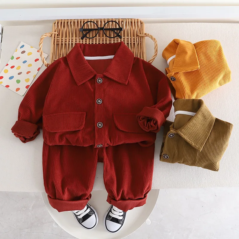 Spring and Autumn Boys Set Casual Lapel Solid Color Boys Coat+Pants 2 Piece Children Clothing Set