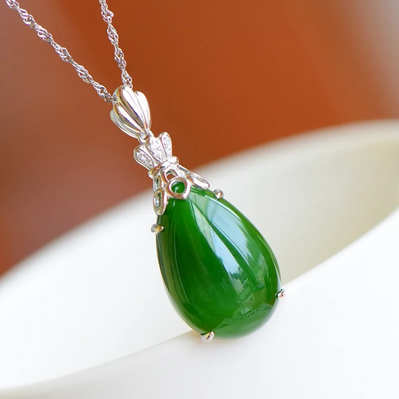s925 silver inlaid Hetian necklace women, new model with jade drop pendant