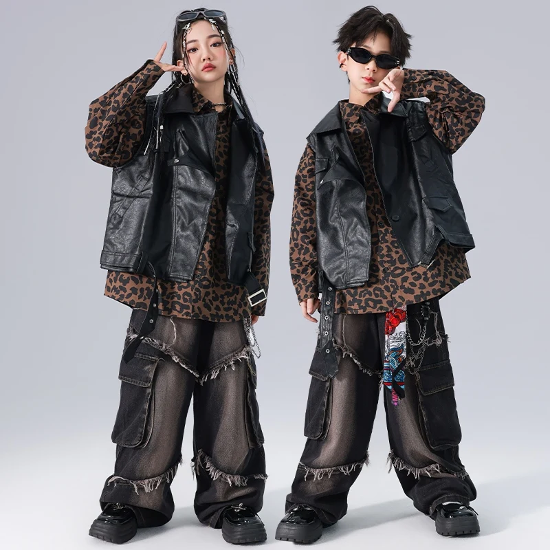 

Одежда в стиле хип-хоп для мальчиков, мешковатая уличная одежда, костюм для джазовых танцев для девочек, кожаный жилет, брюки, детская одежда для танцев в стиле хип-хоп, BL14051