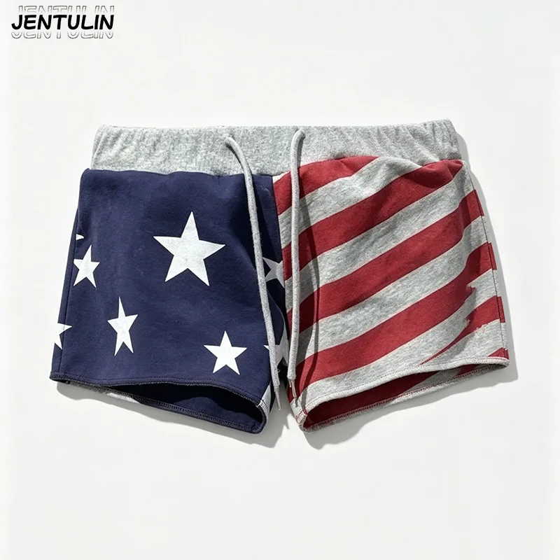 Summer New Shorts American Retro Casual Versatile Style Contrasting Color Star Print Striped Design Spicy Girl Hot Pants Women