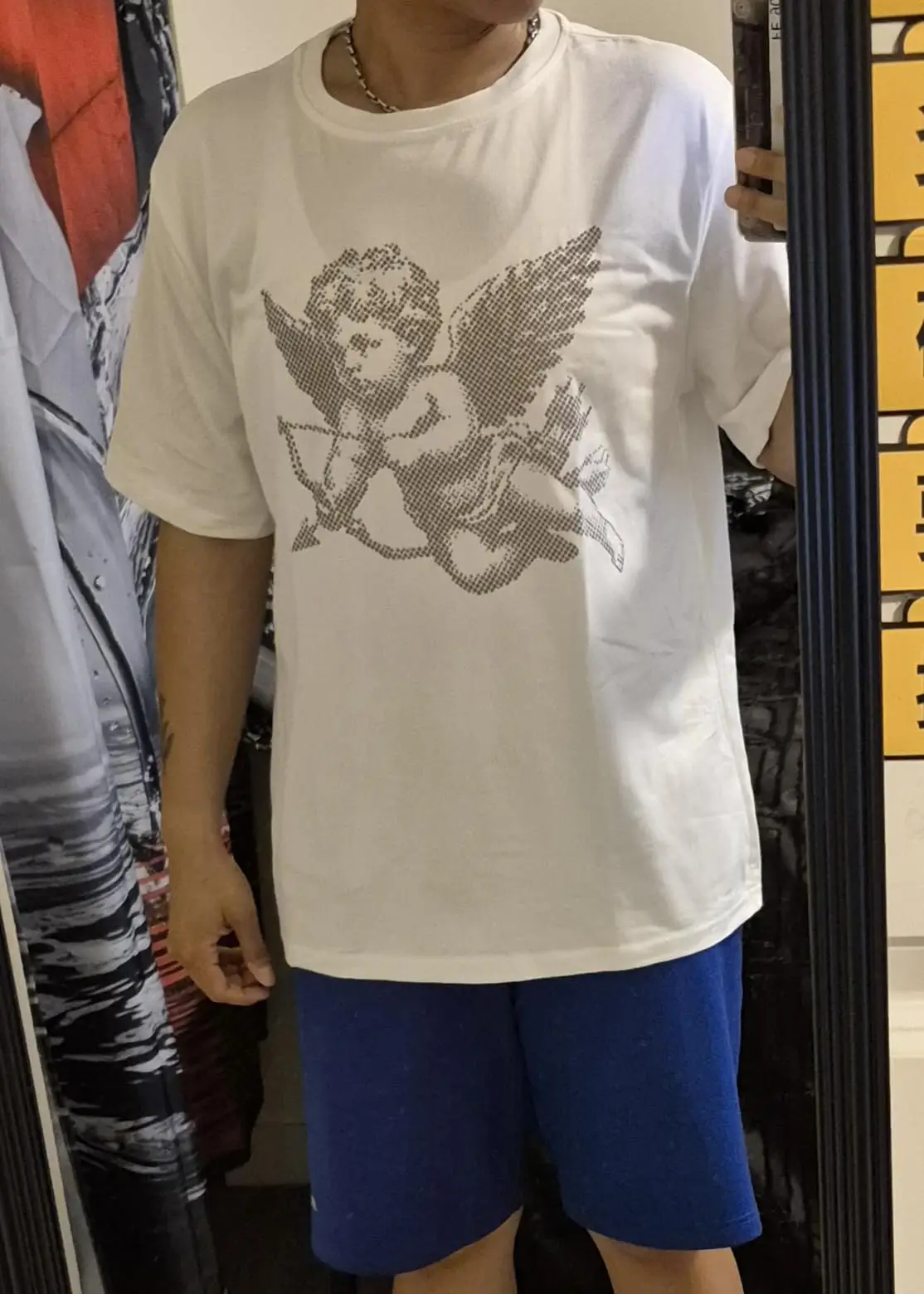 2026 Men Oversized Cotton T‑Shirt Halftone Cupid Angel Graphic Print Urban Streetwear Short Sleeve Tops For Youth