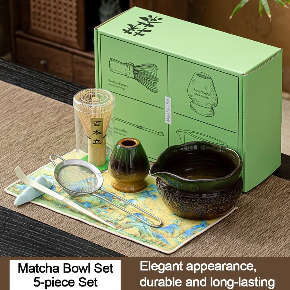 

5PCS Ceramic Bamboo Japanese Matcha Tea Set Matcha Bowl Matcha Whisk Holder Matcha Whisk Set Tea Ceremony Accessories Reusable