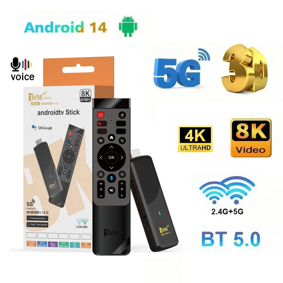 TV98 ATV X9 Smart TV Stick Android14 OTA Media Player 5G 4G Wifi Allwinner H313 Support 8K 4K BT5.0 Voice Remote IPTV